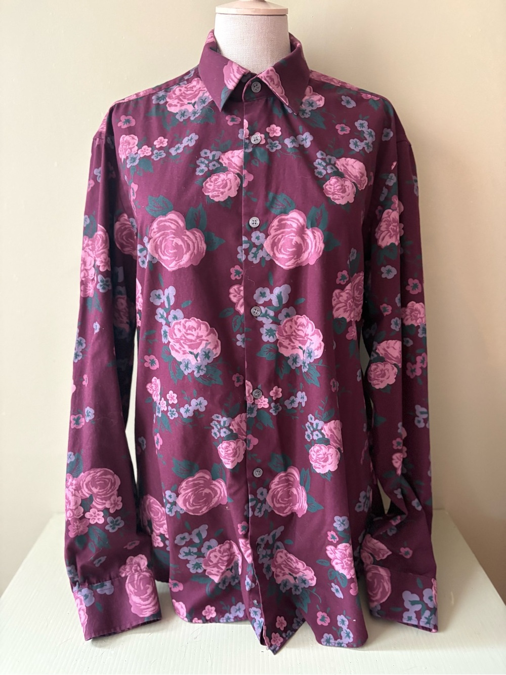 French Connection Burgundy Floral Button-Down Shirt Pink Roses Sz L